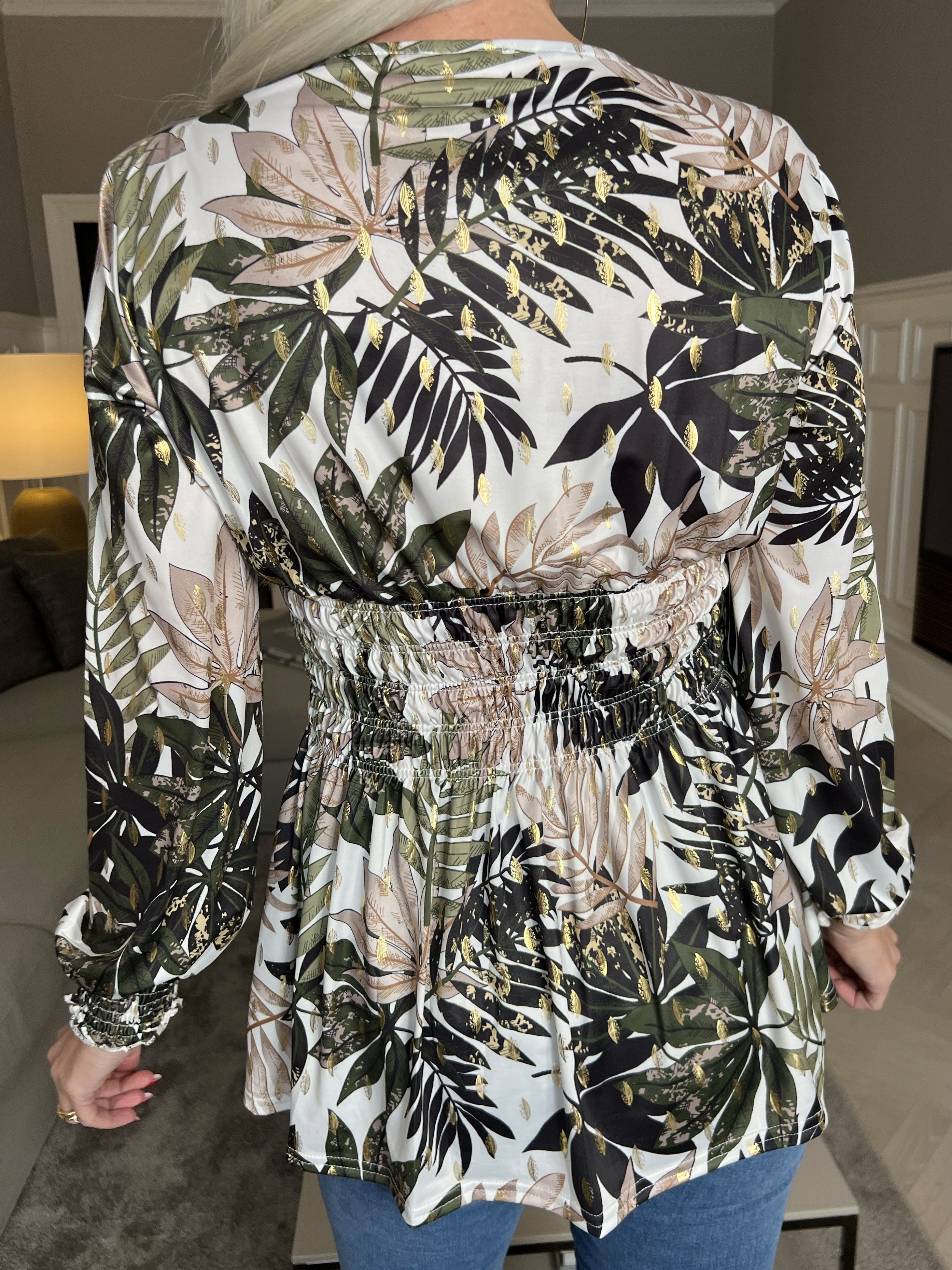 Pams Leaf Shirt L/S - Elastisk bluse i krølfrit stof med lange ærmer